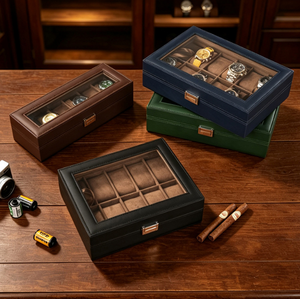 Boîte de rangement pour montres en cuir PU avec couvercle en verre transparent, étui de présentation multi-emplacements, plusieurs couleurs et tailles pour collection de montres - Product Image 1