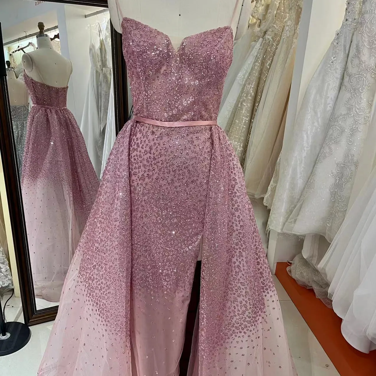 Mauve Ivory Grey New 2023 Sparkle Fabric Sleeveless Prom Evening Dresses With Overskirt