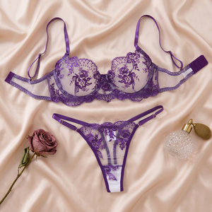 Wholesale Women's Sheer Mesh Underwire Bra and Thong <b>Set</b> Floral Embroidery Lace Lingerie <b>Set</b> Comfortable <b>Sexy</b> Bra <b>Set</b> OEM ODM - Product Image 3