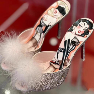 Fabricante personalizado de alta calidad de cristal de las mujeres de tacón Peep Toe Sexy Stiletto sandalias últimas elegantes plumas blancas piel mulas suma - Product Image 2