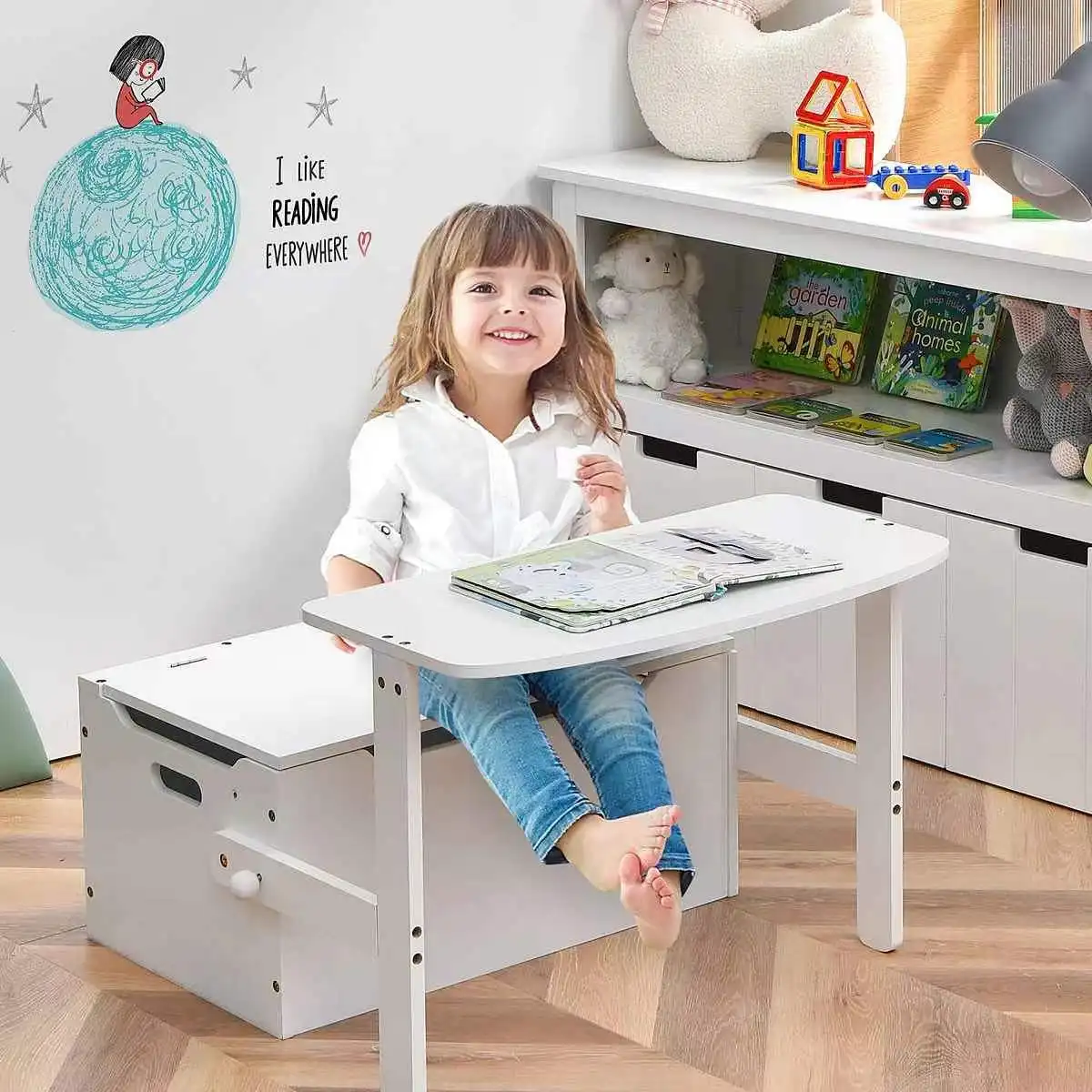 Escritorio de estudio multifuncional de madera para niños con contenedores de almacenamiento de juguetes, organizador de juguetes para niños, silla de mesa de actividades para niños pequeños