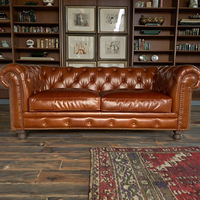 Canapé Chesterfield trois places carré en cuir véritable marron vintage, extensible, style moderne du milieu du siècle, style européen, dossier capitonné en bois