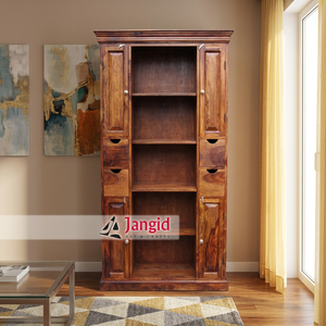 Bibliothèque moderne en bois avec 5 étagères, armoire à chaussures artisanale à 4 tiroirs et 4 portes, pour la maison et la ferme - Product Image 6