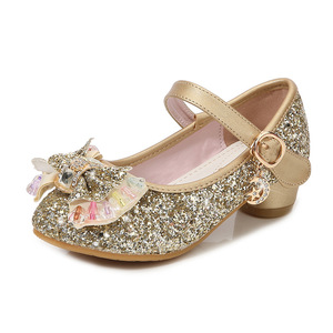 Nouvelles Chaussures de Fête pour Filles <span class=keywords><strong>à</strong></span> Talons Bas Dorés Scintillants avec Nœud et Breloque en Cristal, Dessus en PU, <span class=keywords><strong>à</strong></span> Enfiler, Antidérapantes, pour Spectacles, Vente en Gros - Product Image 1