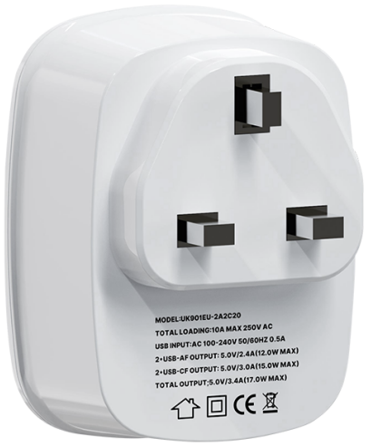 HONPNK UK901UK-2A2C18 18W Universal Plug Socket for UK Ireland Hong Kong Singapore Malaysia Travel Adapter