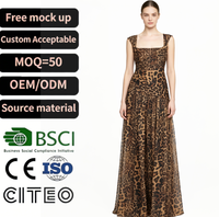 Robe longue marron imprimé léopard à col carré sans manches, élégante pour l'été, idéale pour les fêtes et les mariages, vêtement de mode féminin