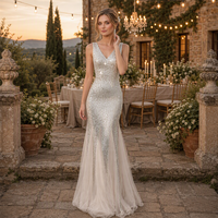 Robe de soirée sirène argentée à sequins, col en V, sans manches, avec empiècement en mousseline transparente et traîne, pour soirée formelle, vente en gros