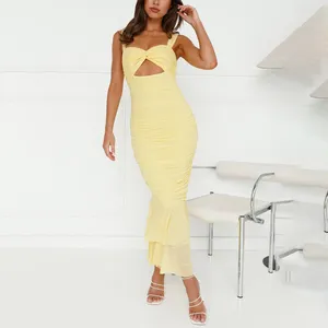 Bán buôn thời trang phụ nữ Vestido tùy chỉnh sexy không tay màu vàng lưới Midi Dresses bán voan Bodycon Ruched cut out Dress