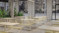 Ensemble de mobilier de restaurant contemporain et économique avec table et chaises intégrées pour centres commerciaux et écoles