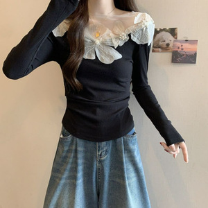 Chemisier T-shirt côtelé à col en maille florale 3D pour femme, manches longues, coupe ajustée, décontracté, tendance - Product Image 2