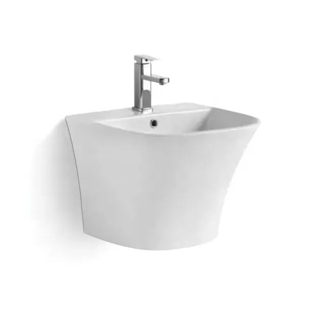 China Home Sanitary Ware Washroom Half Pedestal Bathroom Sink White Ceramic Wall Hung Basin