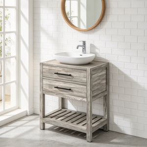 Meuble de salle de bain autoportant en bois massif rustique et vieilli avec double vasque et étagère inférieure à lattes - Product Image 2