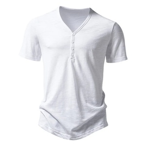 Camiseta Deportiva de Verano para Hombre, Nueva, Cuello en V con Cuatro Botones, Manga Corta, Color Blanco Sólido, Hecha de Poliéster/Algodón - Product Image 1