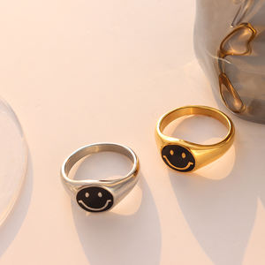 Anillo Moderno Minimalista con Cara Feliz, <span class=keywords><strong>de</strong></span> Acero <span class=keywords><strong>de</strong></span> Titanio, Chapado en Oro <span class=keywords><strong>de</strong></span> 18K, con Esmalte <span class=keywords><strong>de</strong></span> Gota <span class=keywords><strong>de</strong></span> Aceite, Ajustable para Mujer, Uso Diario, Casual, Social - Product Image 3