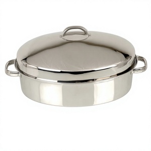 Oval Stainless Steel Roasting Pan With Lid Durable Polished Finish <b>For</b> Gas And <b>Induction</b> Cookers - Product Image 1