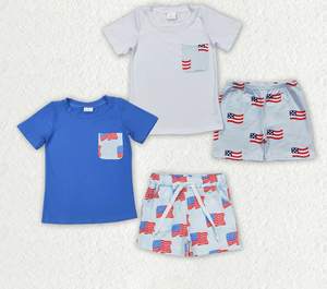 Tenues 2 couleurs pour bébés garçons frères : chemises à poches et shorts à motifs drapeaux du 4 juillet - Product Image 4