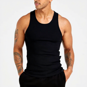 <b>Men's</b> <b>White</b> Ribbed Knitted Tank Top O-Neck Sleeveless Solid Casual Muscle <b>Vest</b> Tight Fit Sport Gym Wear - Product Image 6