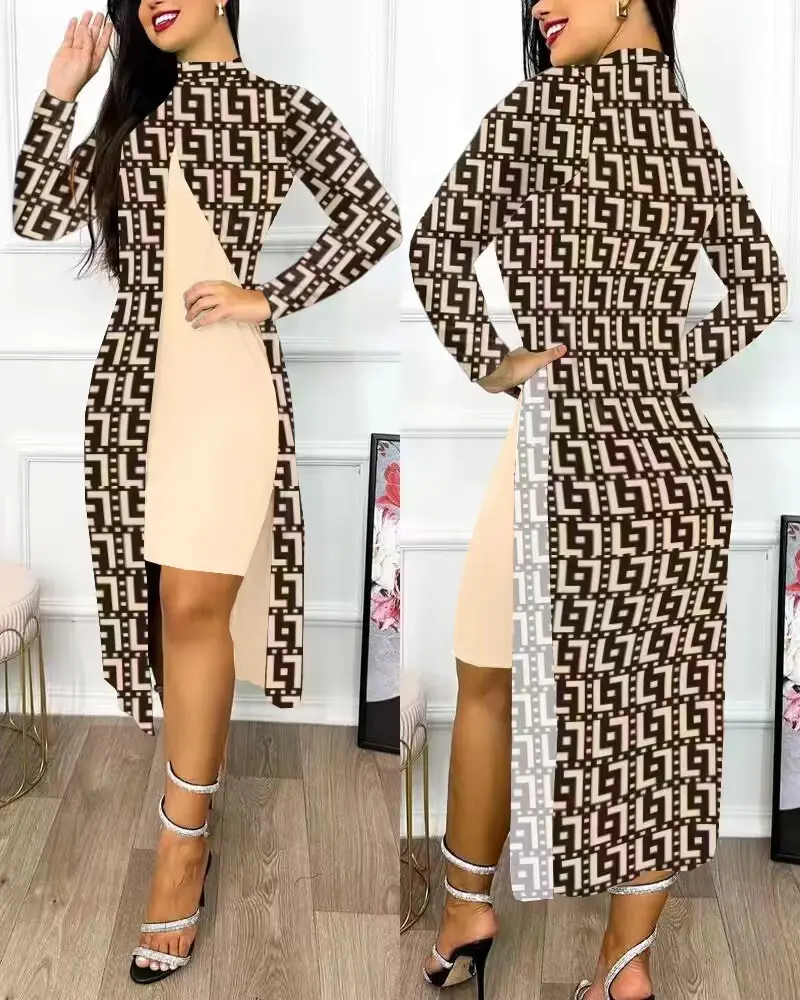 2024 queda mulheres roupas moda casual padrão impressão elegante fenda vestido