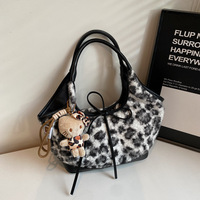 Sac Hello Cat Version Coréenne Rétro en Fourrure Peluche Léopard, Grand Sac Cabas Élégant avec Nœud Délicat