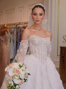 Robe de mariée S2081Y haut de gamme sur mesure, style princesse, manches longues, décolleté cœur, dentelle florale 3D, taille <span class=keywords><strong>basque</strong></span>, effet duveteux - Product Image 5