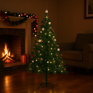 Árbol de Navidad Artificial de PVC Verde de 59.1 Pulgadas Preiluminado con Juego de Bolas, Luces LED Blancas Cálidas, Base para Interior - Product Image 2