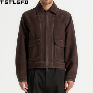 Oem Odm <b>Suede</b> Contrast Stitch <b>Jacket</b> <b>Men</b> Dark Brown Two Way Zipper Windbreaker Streetwear Outerwear Manufacturers Bulk - Product Image 5