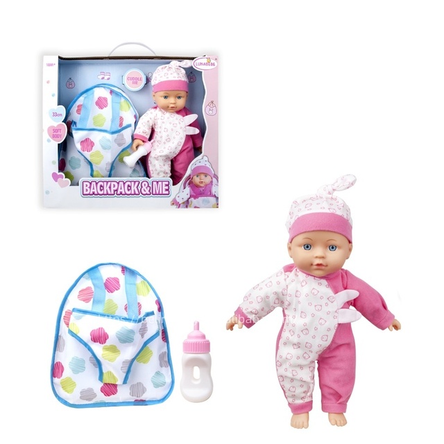 New Style Super Cute 13 Inch Cotton Body Closed Eyes Plush Doll Soft Toy with Milk Bottle & Backpack for Kids Playtime Gifts