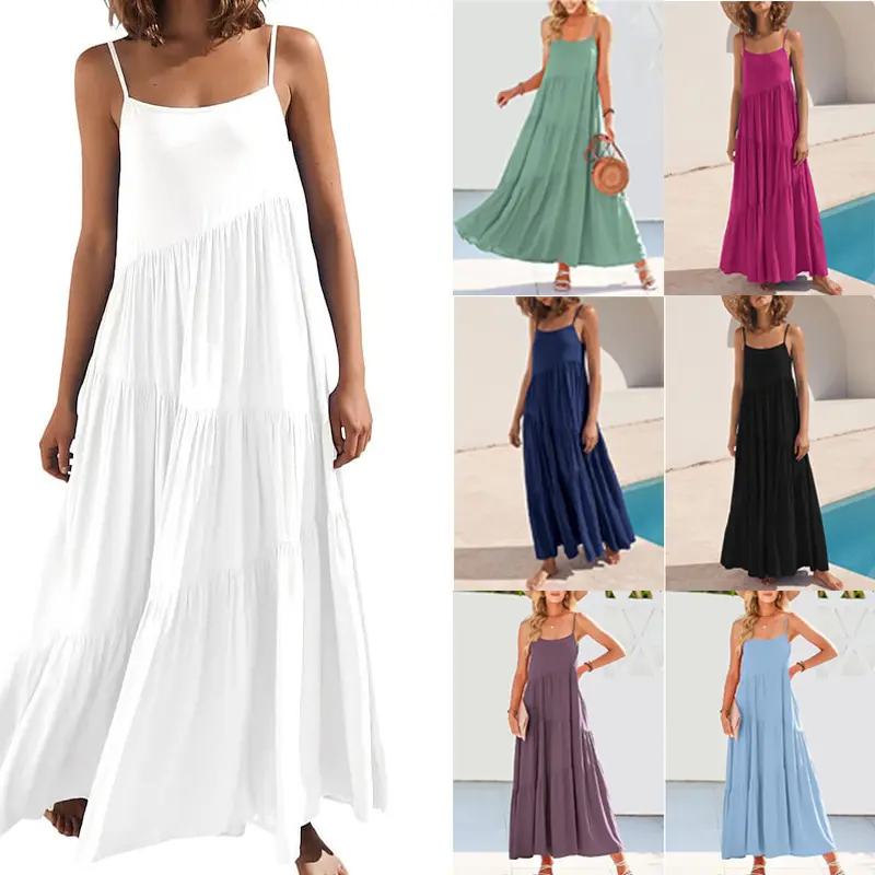 Summer women's clothing ladies loose solid color pleated irregular dress womens beach slip casual long dresses