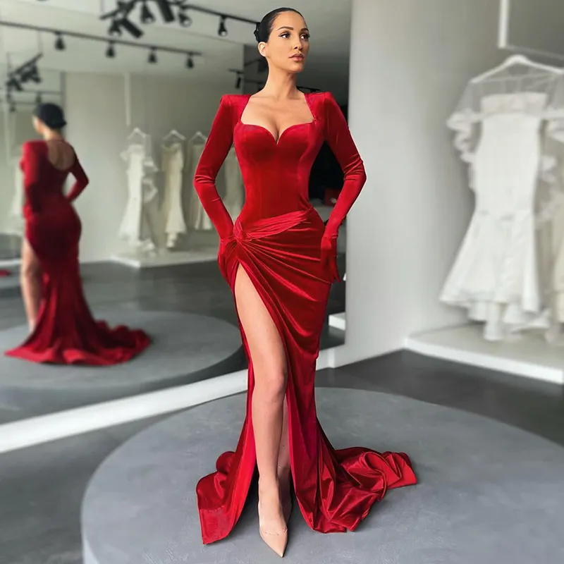 Cryptographic Elegant Gown Long Dress Evening Club Outfits For Women Sleeve Velvet Sexy Slit Maxi Dresses Ruched Dresses