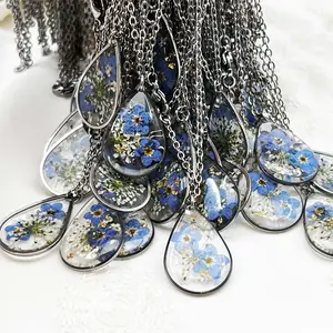 Water Drop Design Forget Me Not Pendant Dried Resin Flower Necklace