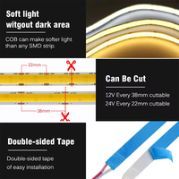 Bande LED COB DC 12V 24V 624LEDs 616LEDs 12mm Double Bande LED Flexible 3000K 4000K 6000K