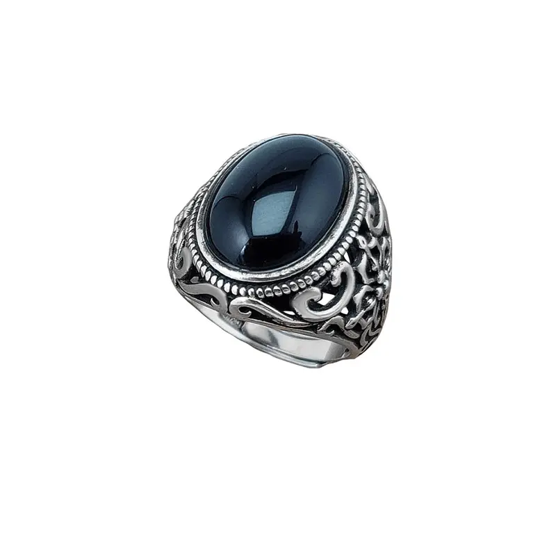 Cincin modis pria, perhiasan perak 925 untuk pria, cincin Onyx bentuk Oval dapat disesuaikan terbuka