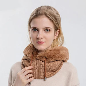 Ensemble cagoule et bonnet d'hiver en fourrure pour femme, tricoté en polyester, chaud pour le cou, coupe-vent, pour le ski et l'extérieur, épais, en peluche et duveteux - Product Image 4