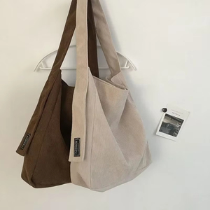 Bolsos de compras de lona de algodón natural de gran capacidad, bolsos de hombro reutilizables a la moda con estilos lisos y de <span class=keywords><strong>pana</strong></span> - Product Image 1