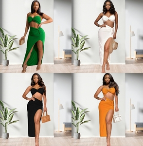 Conjunto de Top Corto Halter sin Espalda y Falda con Abertura de Color Liso, Sexy y a la Moda, Disponible en Stock para Salidas a Discotecas - Product Image 2