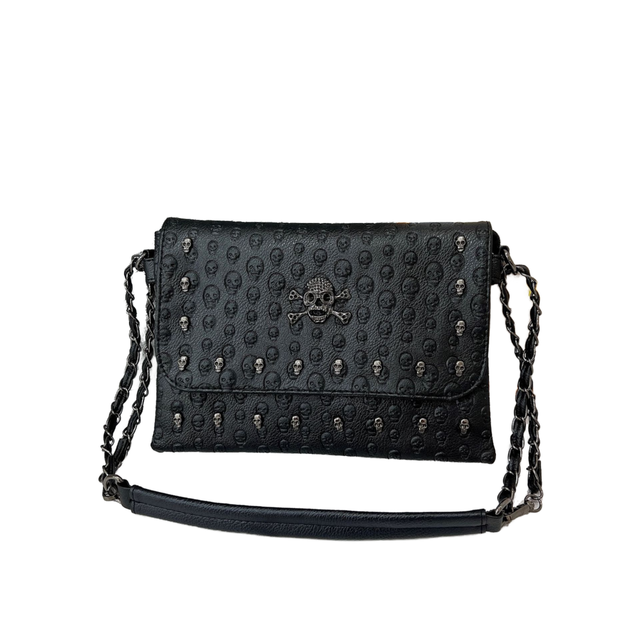 Women's Tote Crossbody Satchel Shoulder Bag Clutch Purse Wallet Black Skull Gothic Spooky Punk Coffin Rivet Zipper Closure