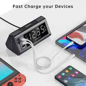 Teleadapt Jam Alarm Tampilan LCD dengan 3 Port Pengisian Daya USB untuk iPhone iPad Perangkat Android Jam Alarm Digital Nyaring