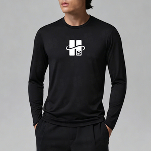 T-shirts basiques en gros, imprimés, couleur unie, logo personnalisé, col rond, manches longues, coton épais pour hommes - Product Image 2