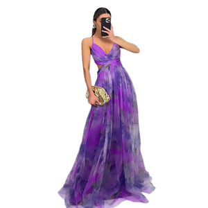 Vestido Casual de Verano 2026 Estilo Europeo-Americano, Nuevo Diseño, Antiestático, de Malla Estampada, con Cintura Imperio, Línea A, Tirantes y Cremallera, Ideal para Vacaciones (Estilo INS) - Product Image 1