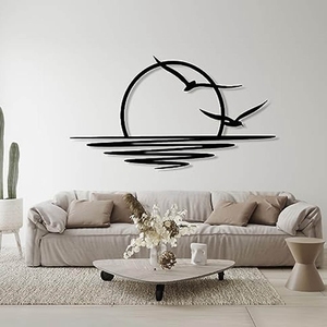 Art mural minimaliste en métal « Lever de soleil et <span class=keywords><strong>mouettes</strong></span> » - Décoration abstraite de coucher de soleil pour salon, chambre à coucher, décoration intérieure moderne, art linéaire - Product Image 3