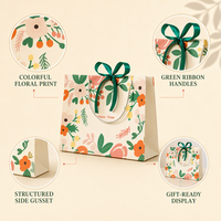 Sac cadeau en papier floral personnalisé, sac de shopping de luxe imprimé avec poignée en ruban
