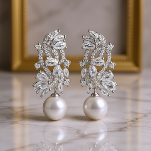 Elegantes Pendientes de Cristal con Flores y Perlas, Chapados en Oro Blanco, para Mujer, Estilo Clásico de Boda, Plata 925 con Baño de Rodio - Product Image 2