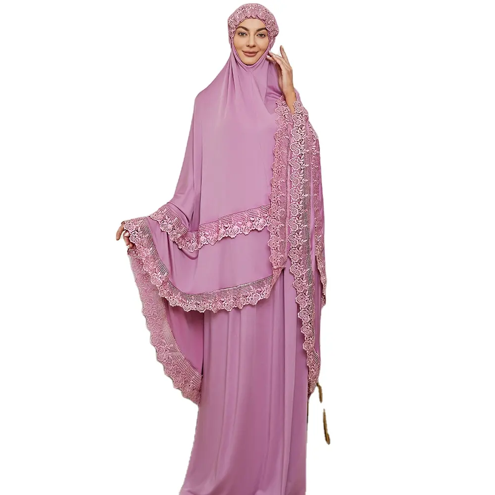 도매 이슬람 의류 유럽 미국 동남 아시아 패션 핑크 수 놓은 레이스 정장 Abaya 이슬람 드레스 여성 착용