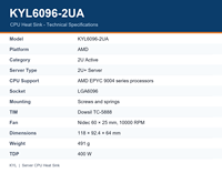 KYL6096-2UA 2U Pendingin CPU Aktif untuk AMD EPYC Seri 9004, Soket LGA6096, TDP 400W, Kipas Nidec