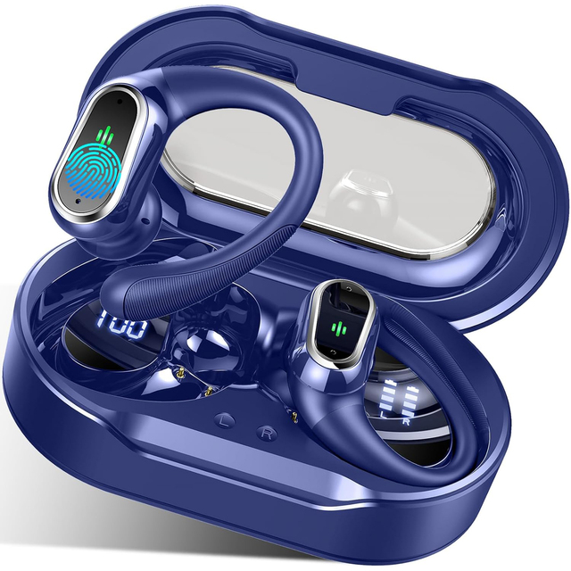 Huien Wireless for 5.3 Sport Earbuds with Digital Display IPX4 Waterproof Touch Control Low Latency Custom Fit-Navy Blue