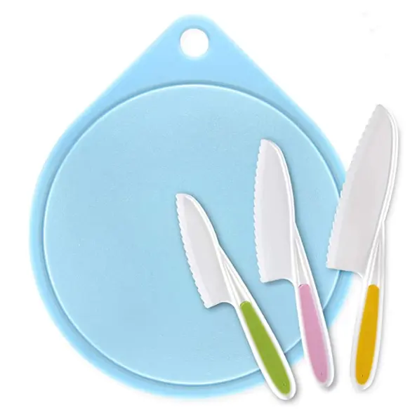 Kids Cooking Supplies Knife (3-Piece) and Cutting Board/Firm Grip, Safe Lettuce and Salad Knives, Real Kids Cooking Tool