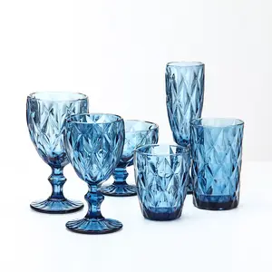 Supplier of embossed colored retro european vintage blue rhombus goblet wine glasses drinkware a set for wedding party