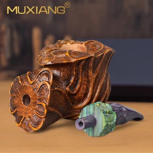 Muxiang Wooden Tobacco Pipe 3mm Bore Carved Briar Wood With Cobalt Mouthpiece For Men - Product Image 4