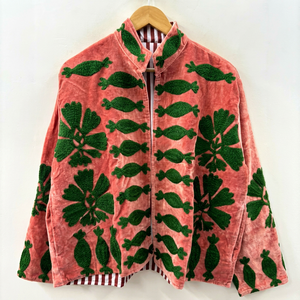 Veste courte pour femme, artisanale, vintage, en velours, brodée Suzani, style bohème, rose pêche, à manches longues, ouverte sur le devant, de créateur - Product Image 1