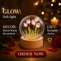 Lanterne de nuit moderne en verre en forme de tulipe, faite à la main, DIY, avec LED, base en bois, batterie amovible, lumière blanche neutre 4100K, pour la maison